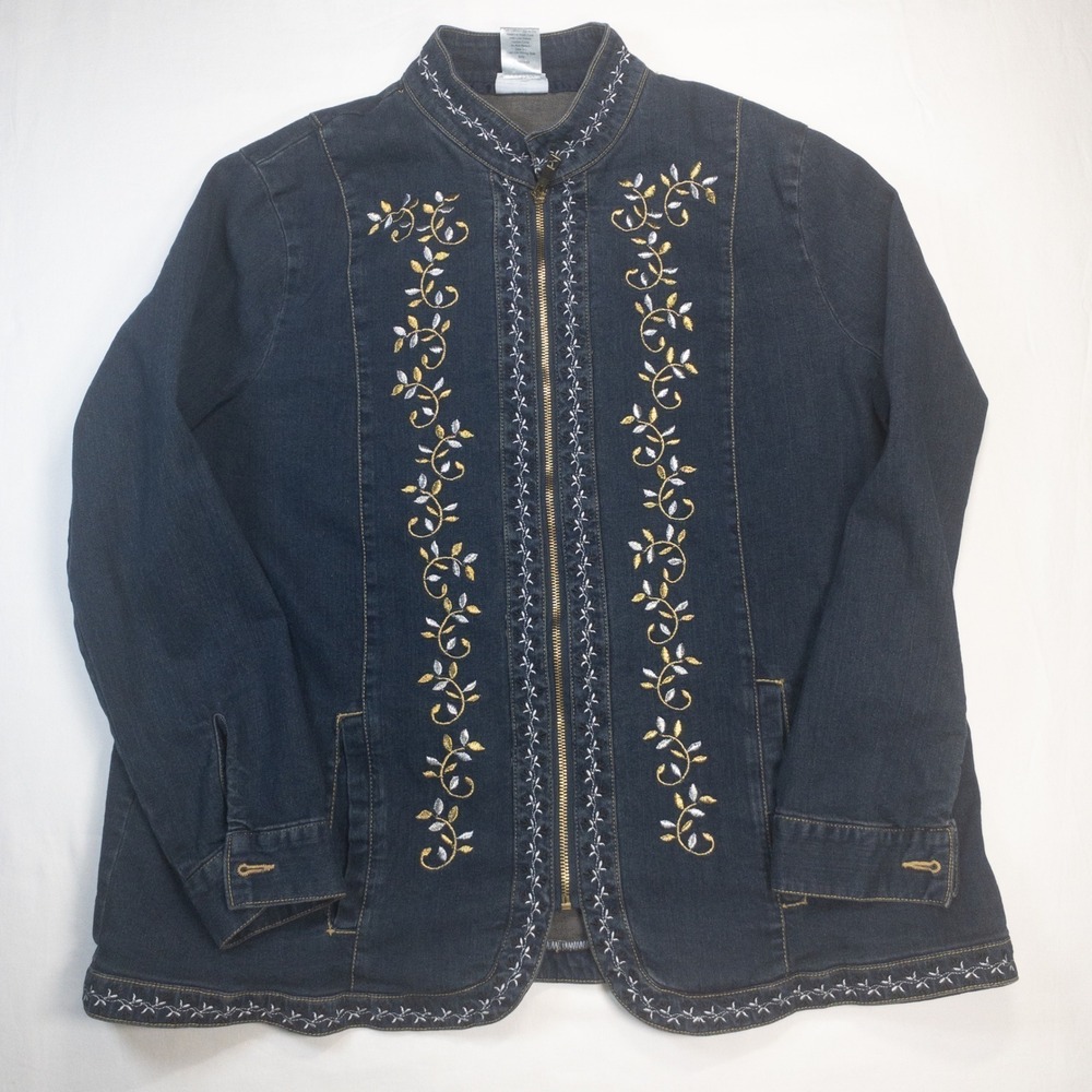 Vicki Wayne Womens 1X Denim Jacket Embroidered Floral Zip Front Dark Wash